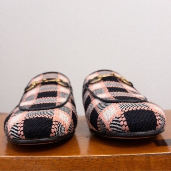 NIB Gucci Princetown Bit Logo Loafer 36 Fancy Tweed Damier Black Pink Mule Slide - Picture 10 of 14